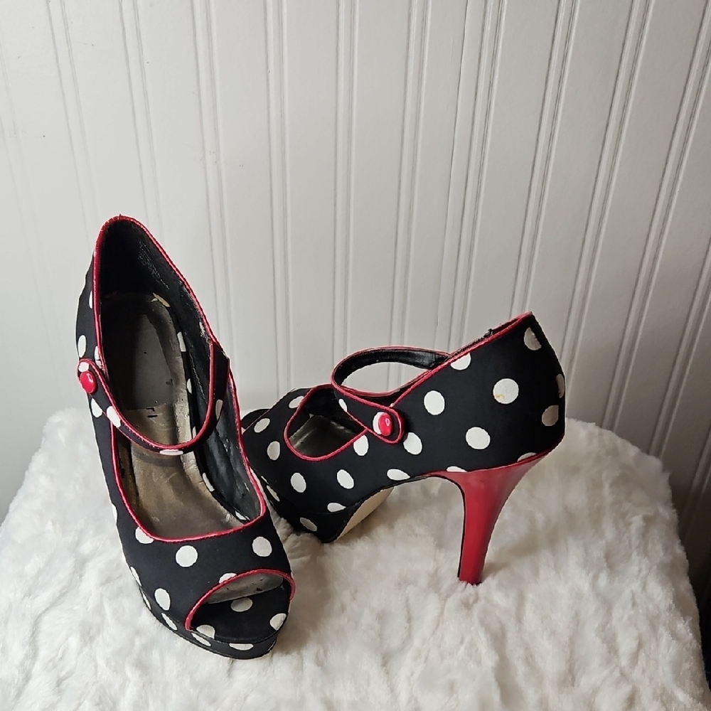 Polka Dot Peep-Toe Mary Jane Heels in Black and White with Red Trim